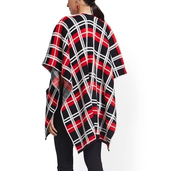 NY&Co Plaid Open Front Poncho Cardigan w Front Pockets Black/Red/White Size M - Picture 2 of 15